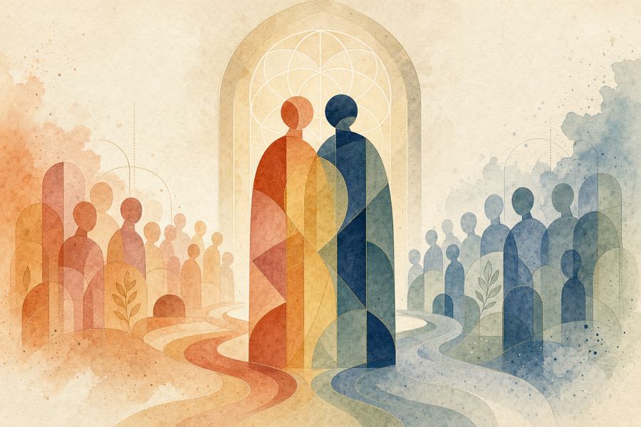 Abstract geometric watercolor illustration of two figures from different faith traditions coming together beneath an arched doorway, flanked by their families