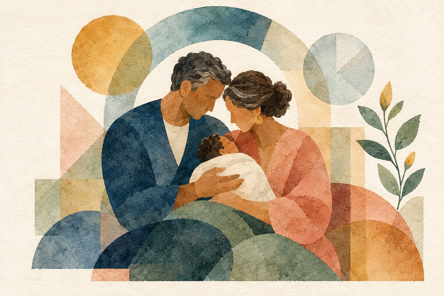 Abstract geometric watercolor of an older couple tenderly holding their newborn beneath an arch and sun circle, representing having kids later in life