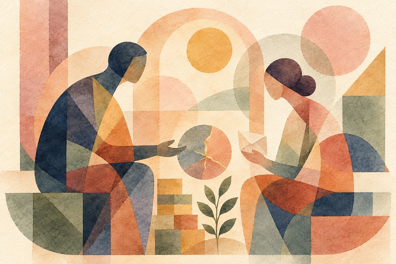 Abstract watercolor of two faceless figures facing each other beneath an arch, sharing an envelope beside a mended cracked circle and a growing plant sprig, symbolizing rebuilding trust after financial infidelity